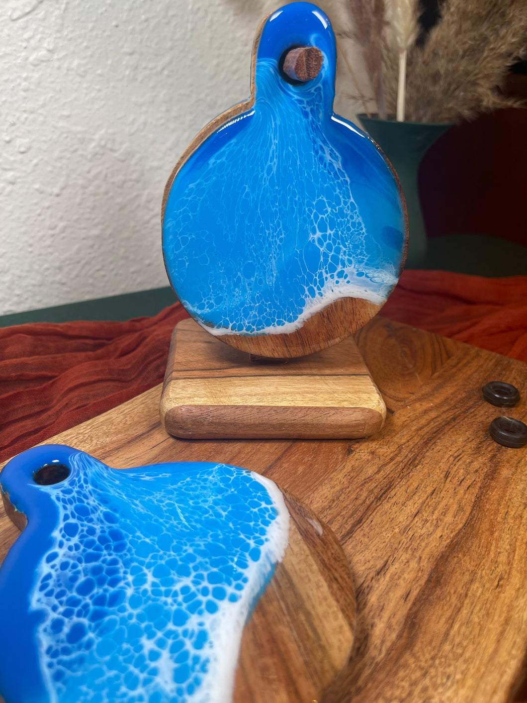 Ocean Blue Wood Coasters with Hanging Rack